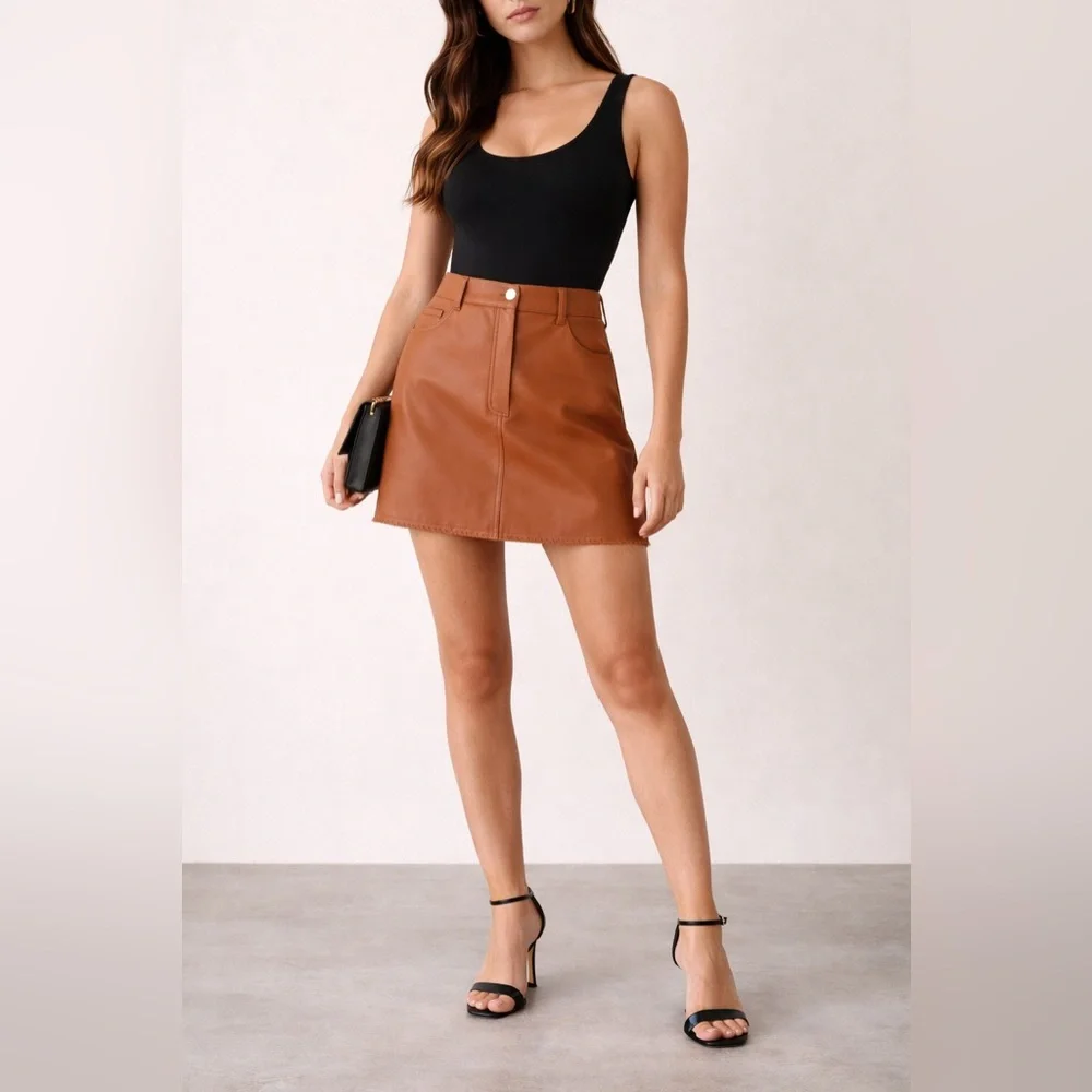 Chocolate Brown Vegan Leather Mini Skirt High Waisted Size L